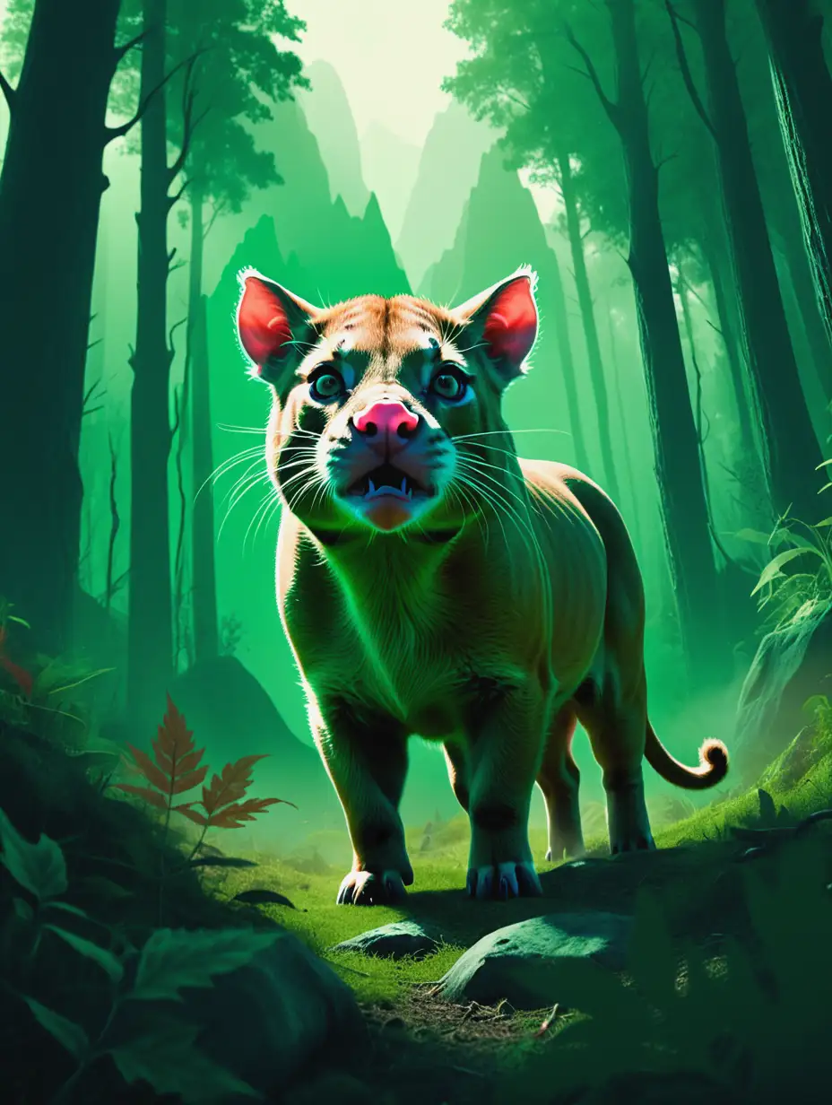 Fantasy World Movie Still Featuring a Pig Snout Mountain Lion in a Forest