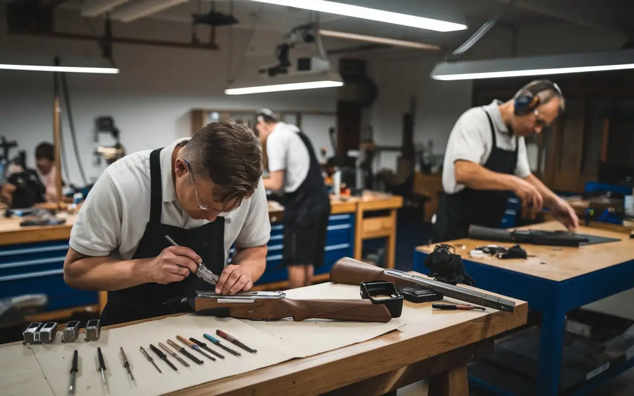 Craftsmen-Working-on-Firearms-in-Professional-Workshop