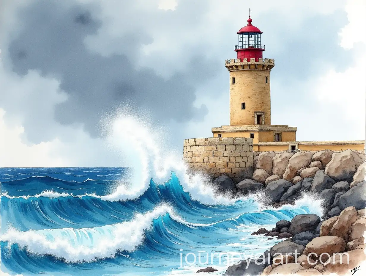 Watercolor-Painting-of-Fort-Ricasoli-Lighthouse-in-Malta-During-a-Storm-with-Crashing-Waves