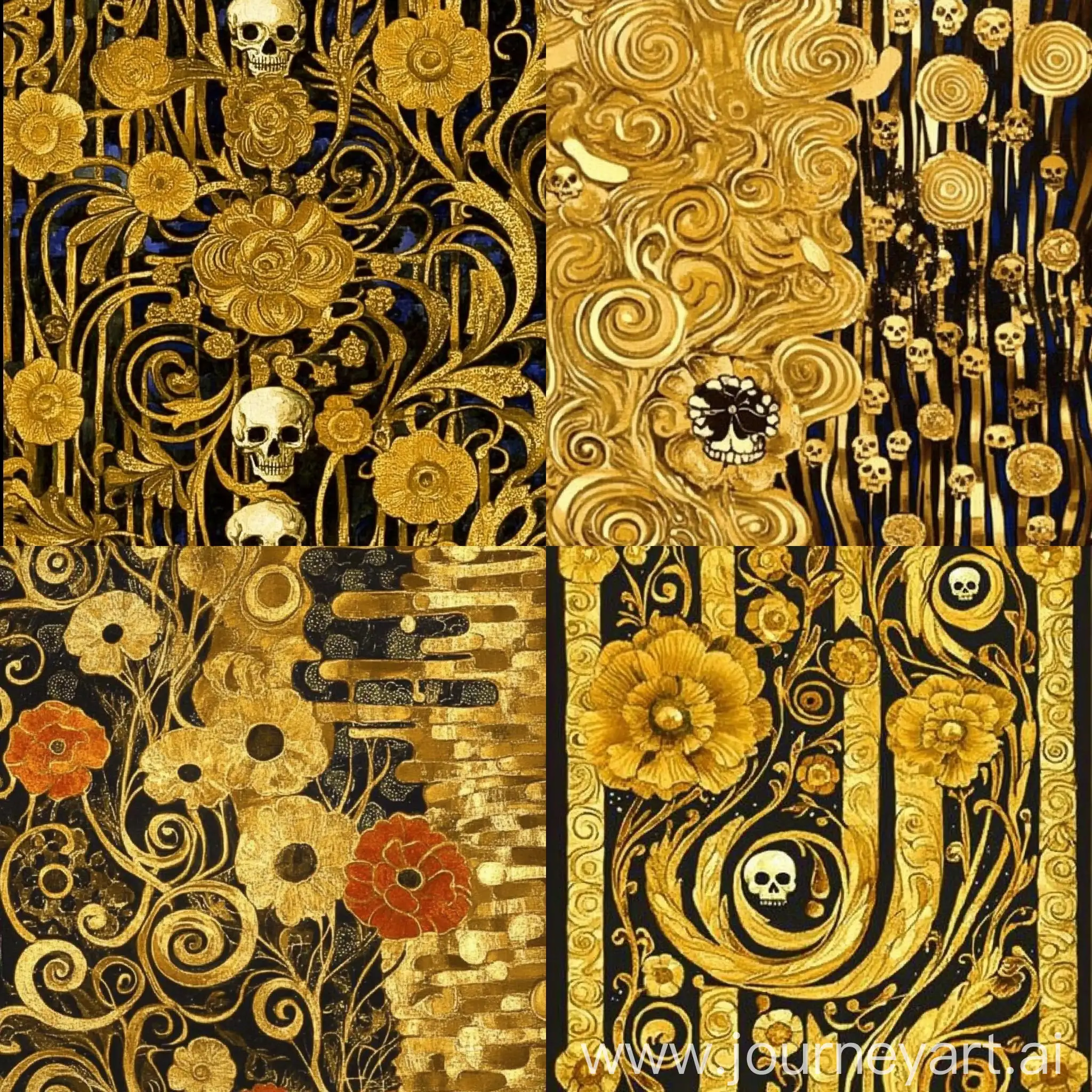 Gustav-Klimt-Style-Golden-Ornament-with-Flowers-and-Skulls