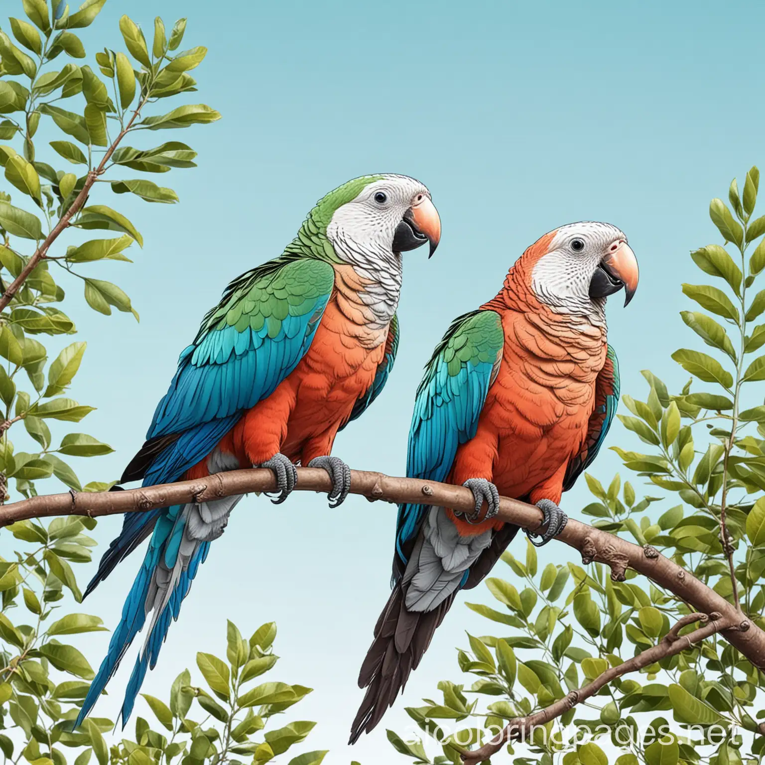 Colorful-Parrots-Perched-on-Branches-with-Green-Leaves-and-Blue-Sky