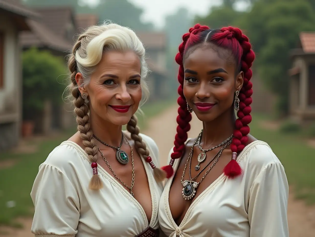 Two white, round Pin-up girls 70 years old red braids wear a low-cut white blouse, Ruby-Gold necklace with a slight smile on their faces, Tattoos, jewelry on the head, lipstick emphasizes their smiles, modern jewelry, black skin, in a park with many houses in India Cyberpunk    8k-quality