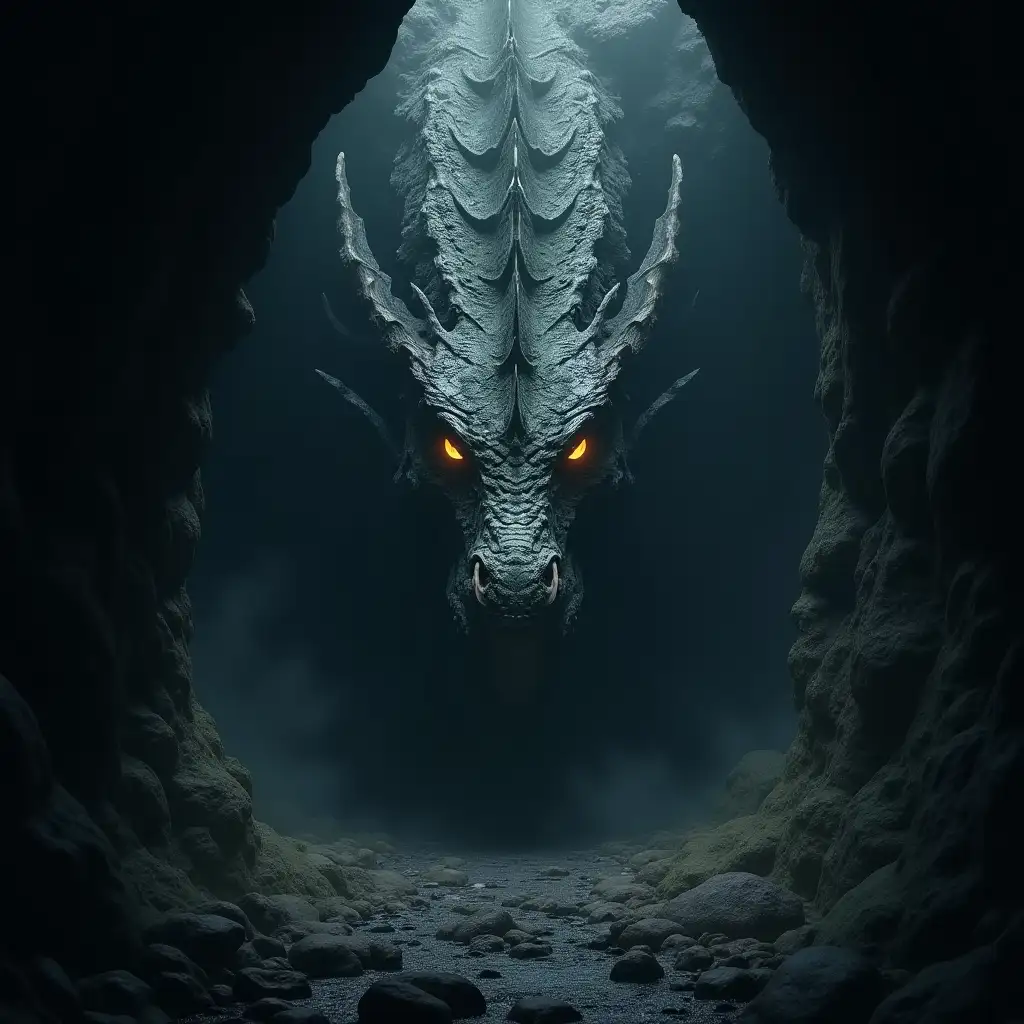 Realistic Dragon Head in Dim Cave Setting