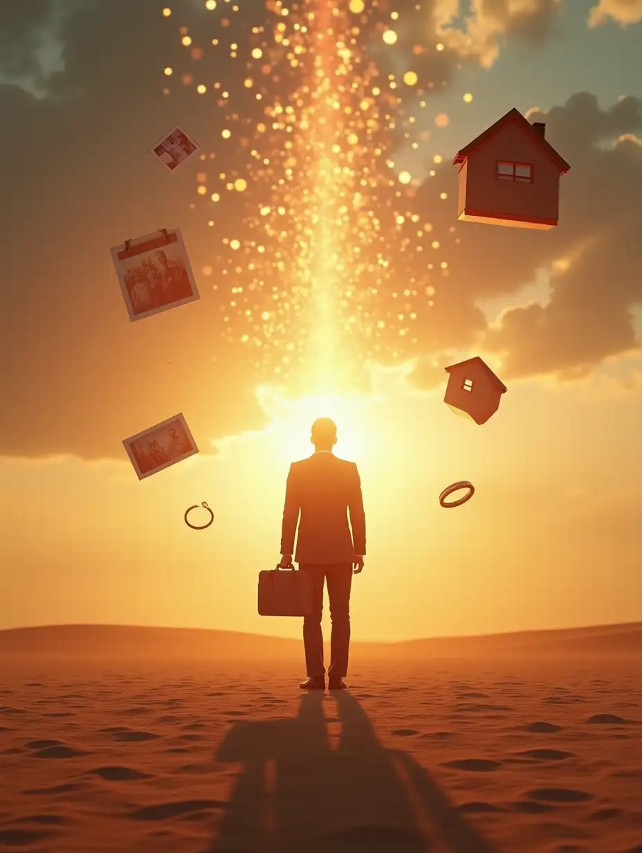 Create a hyper-realistic medium shot image for “a lone figure in a vast, empty desert landscape, surrounded only by floating symbolic objects representing jobs, relationships, and possessions (such as a briefcase, rings, family photos, and a miniature house). The objects fade into glowing particles that are blown away by the wind, leaving the person standing, gazing at the empty horizon. The sky is vast and dramatic, with warm tones of a sunset, symbolizing transition and transformation.” that radiates cinematic grandeur and professionalism. For a dramatic and luxurious effect. Incorporate reflective surfaces and flashes of light into the design to add realism. Add a bright spotlight effect in the background that casts soft shadows and creates depth. The image should be immersive, dynamic and visually striking.