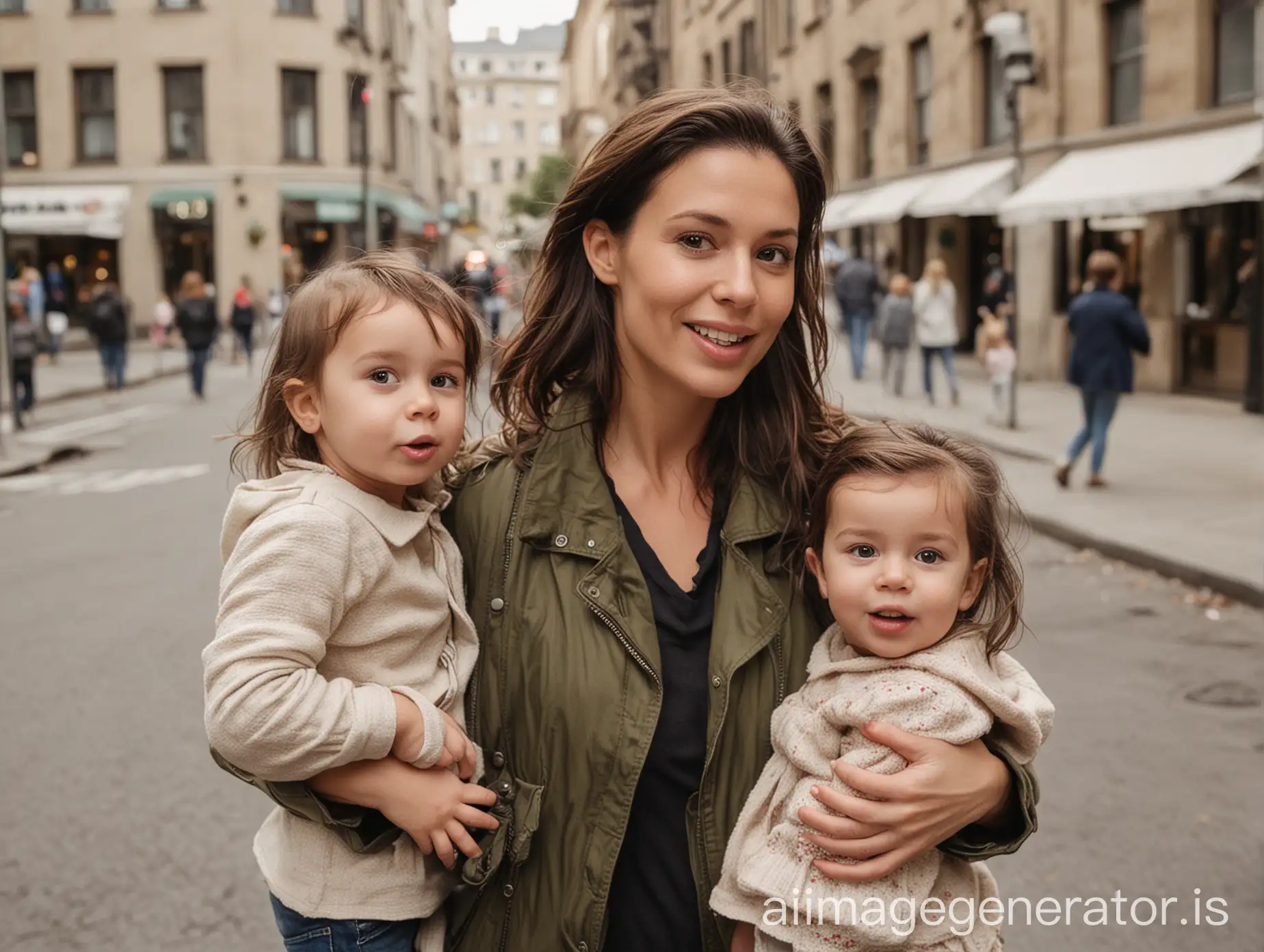 Young-Brunette-Woman-with-Two-Toddlers-Exploring-City-Streets