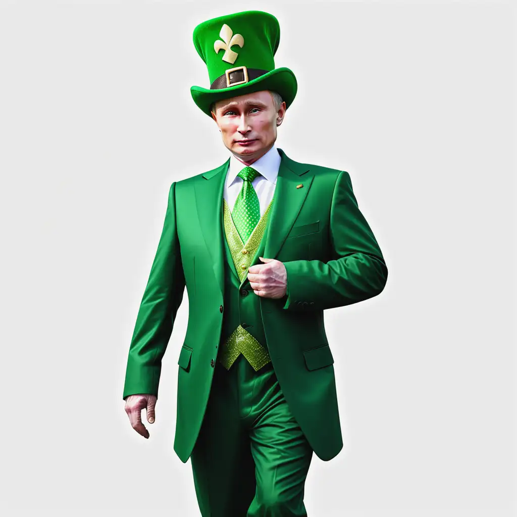 Vladimir Putin as a hybrid fantasy Leprechaun, Leprechaun attributes, beautiful green suit and hat, transparent background