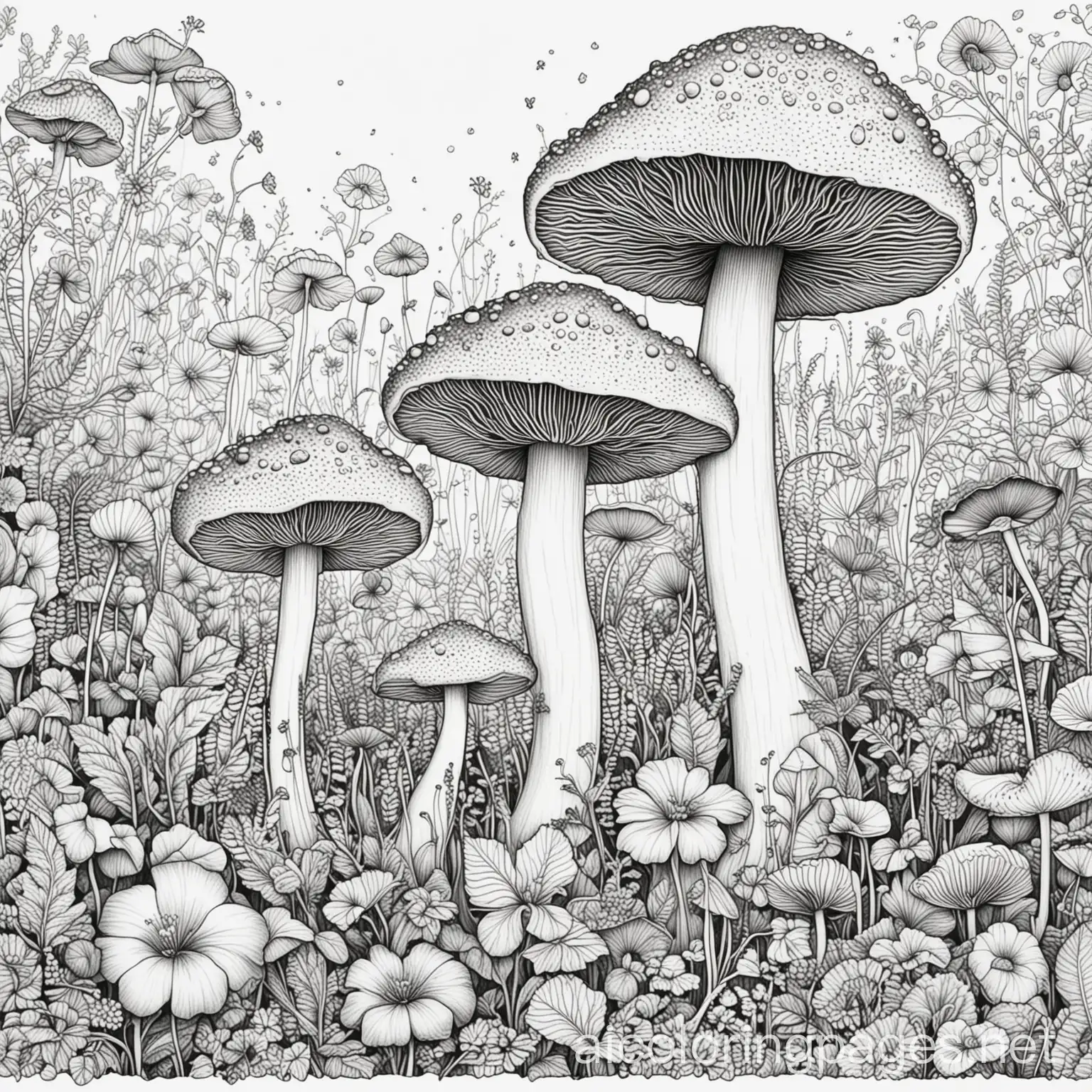 Psychedelic mushrooms and flowers, Coloring Page, black and white, line art, white background, Simplicity, Ample White Space. The background of the coloring page is plain white to make it easy for young children to color within the lines. The outlines of all the subjects are easy to distinguish, making it simple for kids to color without too much difficulty