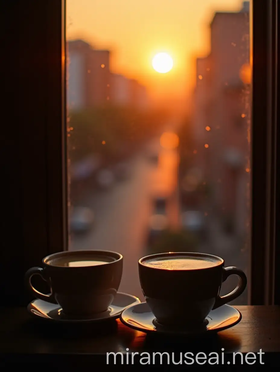 Two Coffee Cups on Window with Sunset Indian Street View