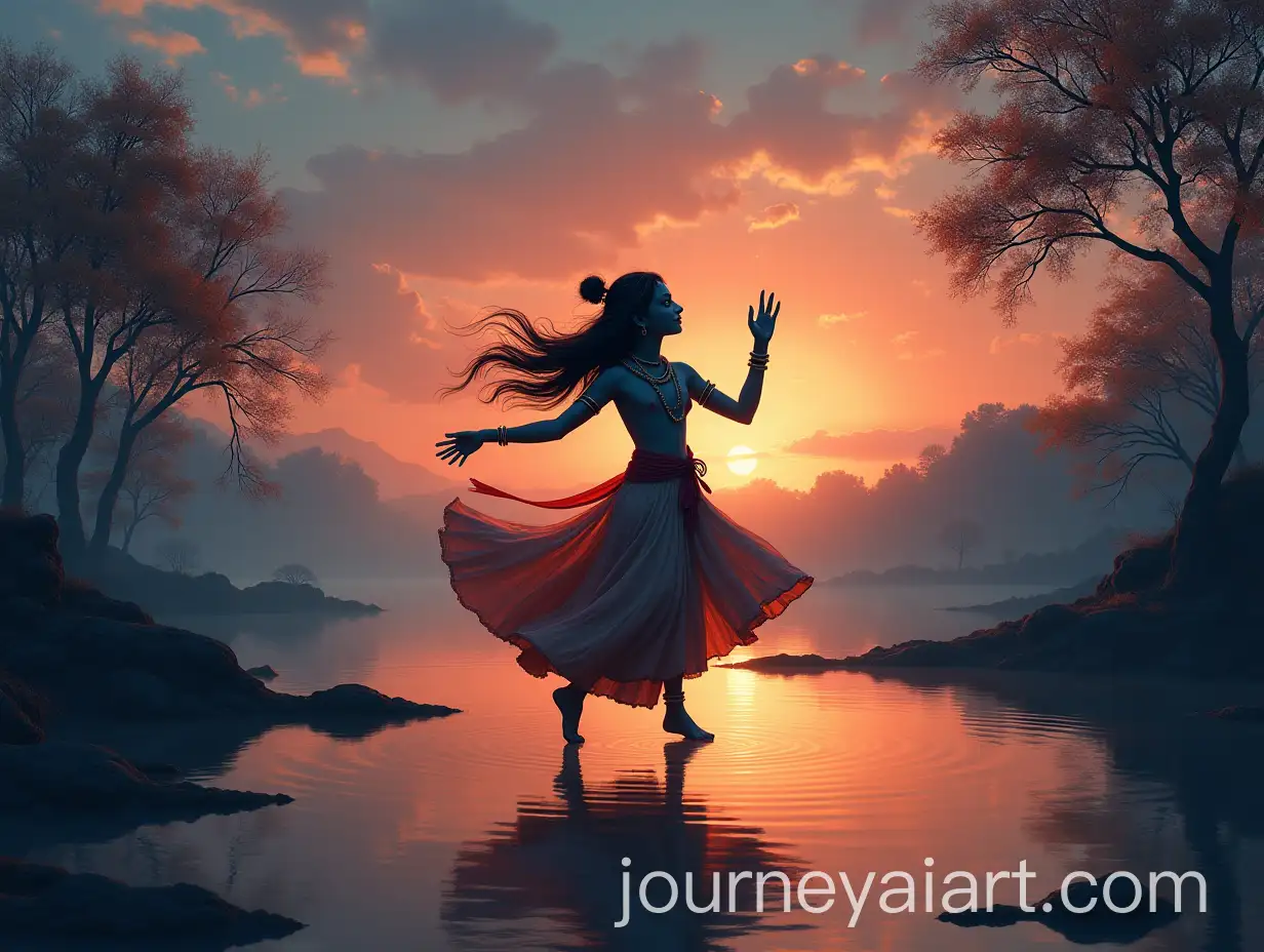 Lord-Krishna-Dancing-Gracefully-in-a-Serene-Twilight-Landscape