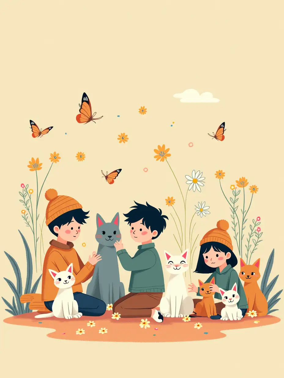 Flat, Illustration, Boys, Girls, Kittens, Puppies, Home, Flowers, Dopamine Colors, Art