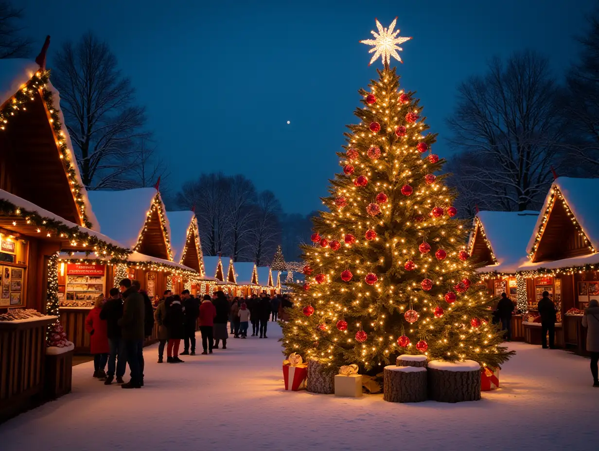 CI Fantasy Christmas market with illuminated Christmas tree on a Christmas market with houses and many people stump in 4k