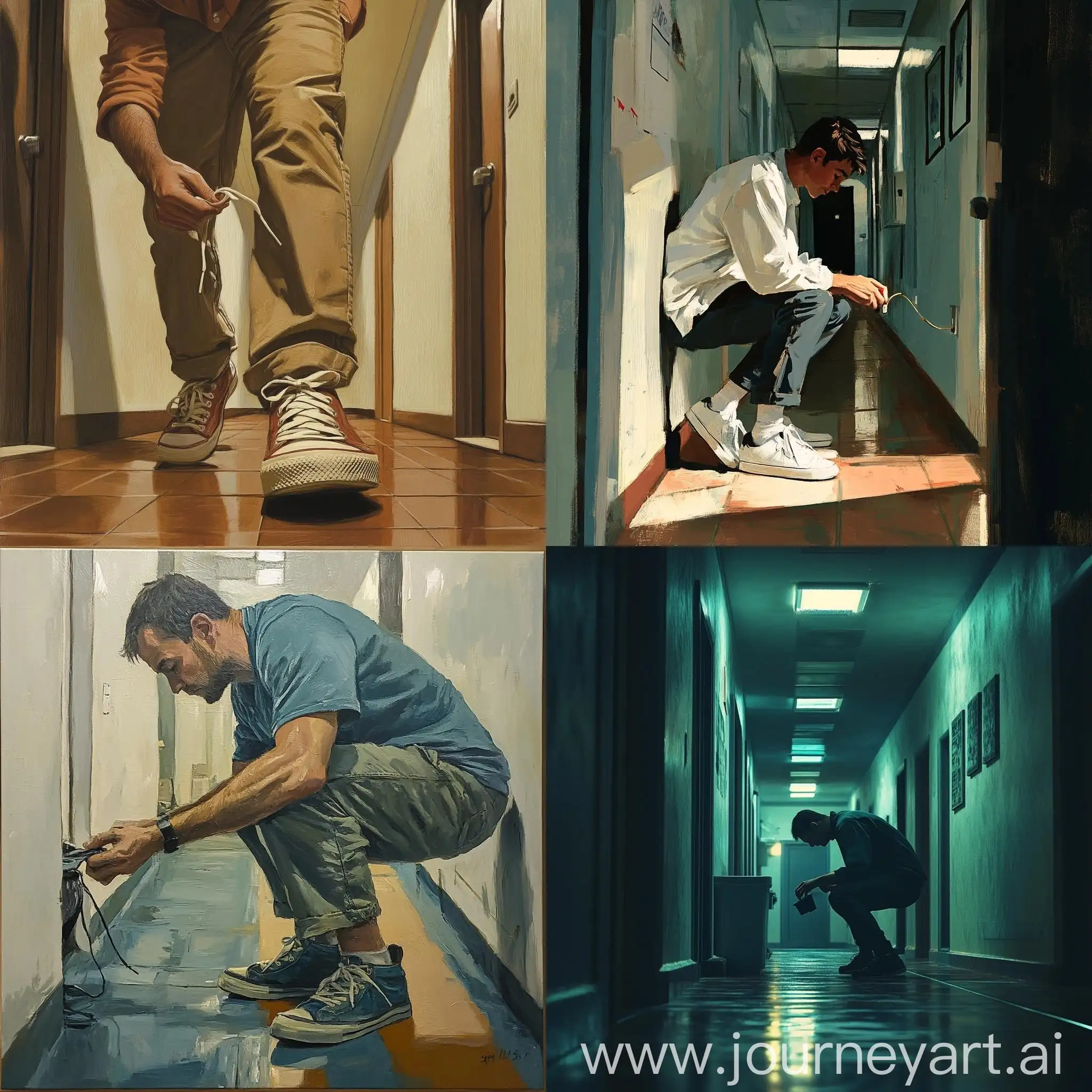 Worker-Putting-on-Sneakers-in-Hallway