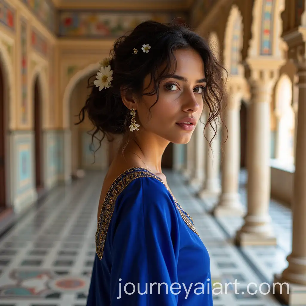 Indian-Girl-in-Royal-Blue-Anarkali-Suit-Standing-Against-Majestic-Rajasthani-Palace
