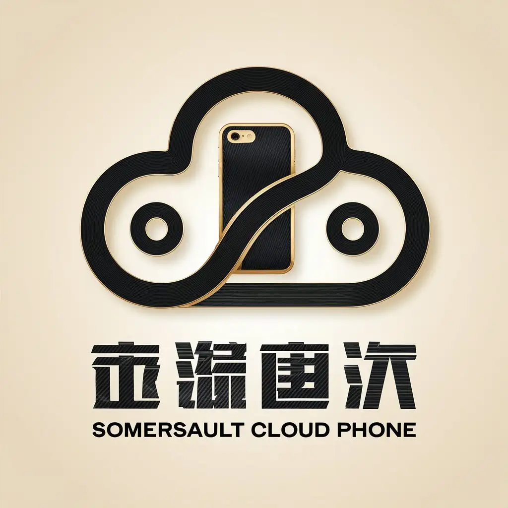 a vector logo design,with the text "Somersault Cloud phone", main symbol:Graphic design: Based on the traditional Chinese auspicious cloud pattern, simplify its lines and make it more modern. Clouds can be designed in a smooth wave shape, expressing the lightness and freedom of somersault clouds. In the center or back of the cloud, an abstract smartphone silhouette is integrated, presenting an imagery that crosses from ancient mythology to modern technology.

Color matching: Choose black and gold as the main colors to reflect the luxury and texture. Black represents mystery and profundity, while gold symbolizes nobility and nobility, and this contrasting color can strongly attract the attention of the eye.

Textures and Materials: The cloud part of the logo is rendered with a rendering effect similar to that of Chinese ink painting, using fades in and out or gradients to create an ethereal and detached artistic conception. At the same time, the silhouette of the smartphone can simulate a metallic texture, adding dimension with highlights and shadows.

Font design: Fonts with traditional calligraphy style are used, but modernized to make the text concise and powerful, with both classical charm and modern sense.

Symbol connotation: The clouds in the logo design are not only a direct manifestation of the "somersault cloud", but also hint at the cloud computing power of the virtual phone. At the same time, patterns infused with mythological elements can reflect the mystery and powerful function of the product.

Typography: Maintaining the symmetry and balance of the overall design, clouds can wrap around or partially cover the silhouette of the smartphone, showing the interaction and connection between the two.

Brand concept: The logo should convey the brand concept of "Spreading Cloud Virtual Phone" as fast, convenient and high-tech, and at the same time contain the profound heritage of traditional Chinese culture and the seamless combination of modern technology,Moderate,be used in Internet industry,clear background