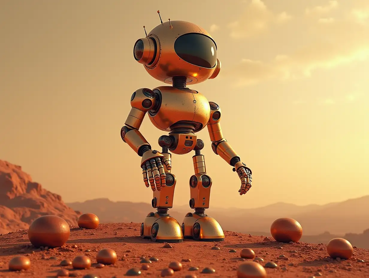 Create a high-resolution, realistic image of the artificial intelligence Robert, 40 meters tall, with small robots, made of red gold, screws with many rusty glass spheres on the ground, on Mars in 4k resolution with