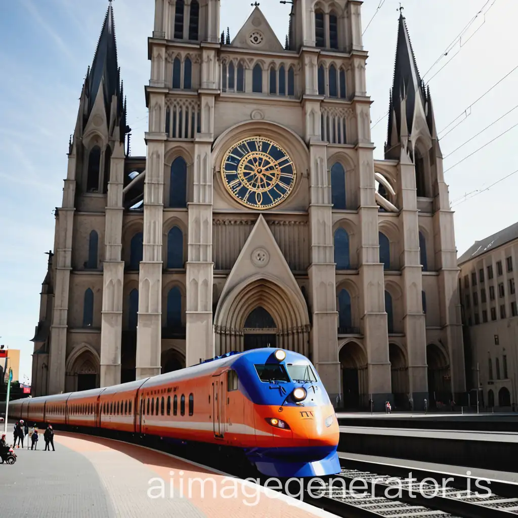 Cathedral-with-Train-in-Front-at-Dusk