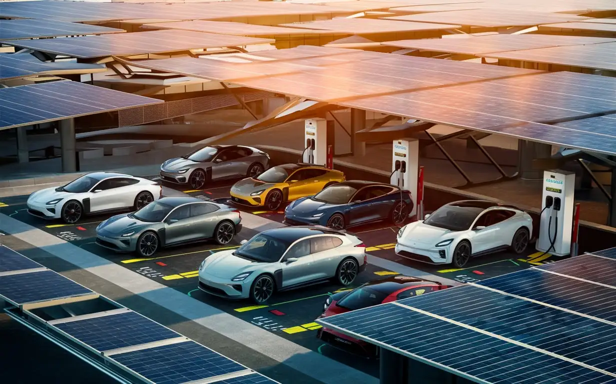 Futuristic Solar EV Charging Station with 7 Advanced Vehicles