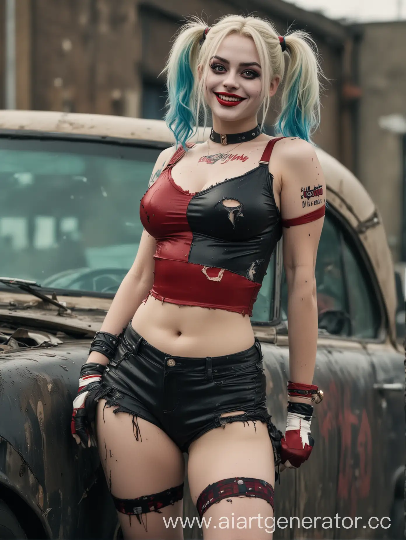 Harley-Quinn-Smiling-in-Shorts-and-Torn-Tights-Leaning-on-a-Car