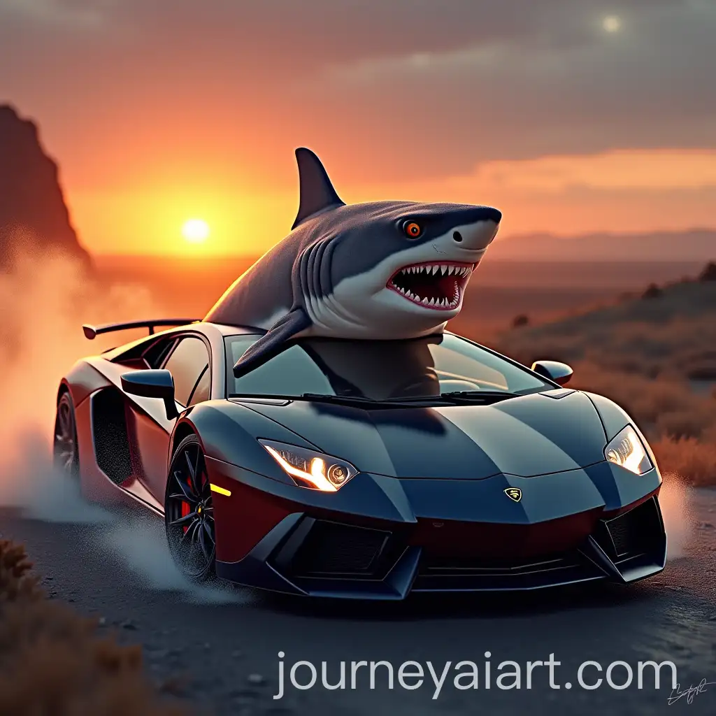 Shark-Wearing-Shades-in-a-Lamborghini-with-Sunset-Background