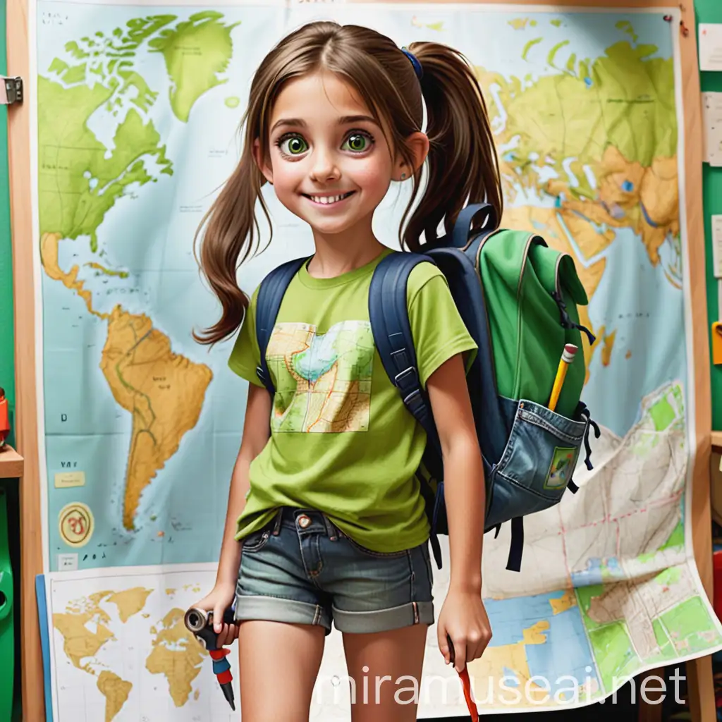 Cheerful 8YearOld Girl with Map and Tools in Backpack