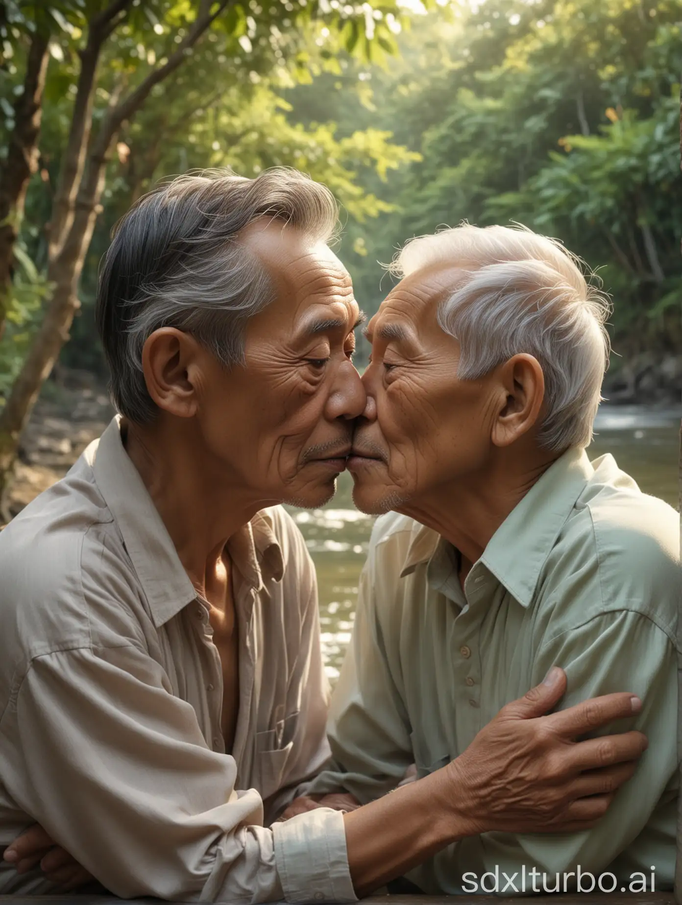 kissing, two men 40 yo, share a passionate deep kissing, An elderly couple, their faces worn by time, share an intimate kiss on a wooden bench near a shimmering river. The natural lighting and soft pastel color palette create a dreamy, almost ethereal backdrop, while the serene river adds a gentle dynamic to the deeply affectionate moment. An 8K ultra-high definition, hyper-realistic, heartwarming and deeply emotive visual narrative using soft pastel colors and gentle lighting to evoke feelings of enduring love and intimacy between two elderly Indonesian men, focusing on close-up shots and natural elements.