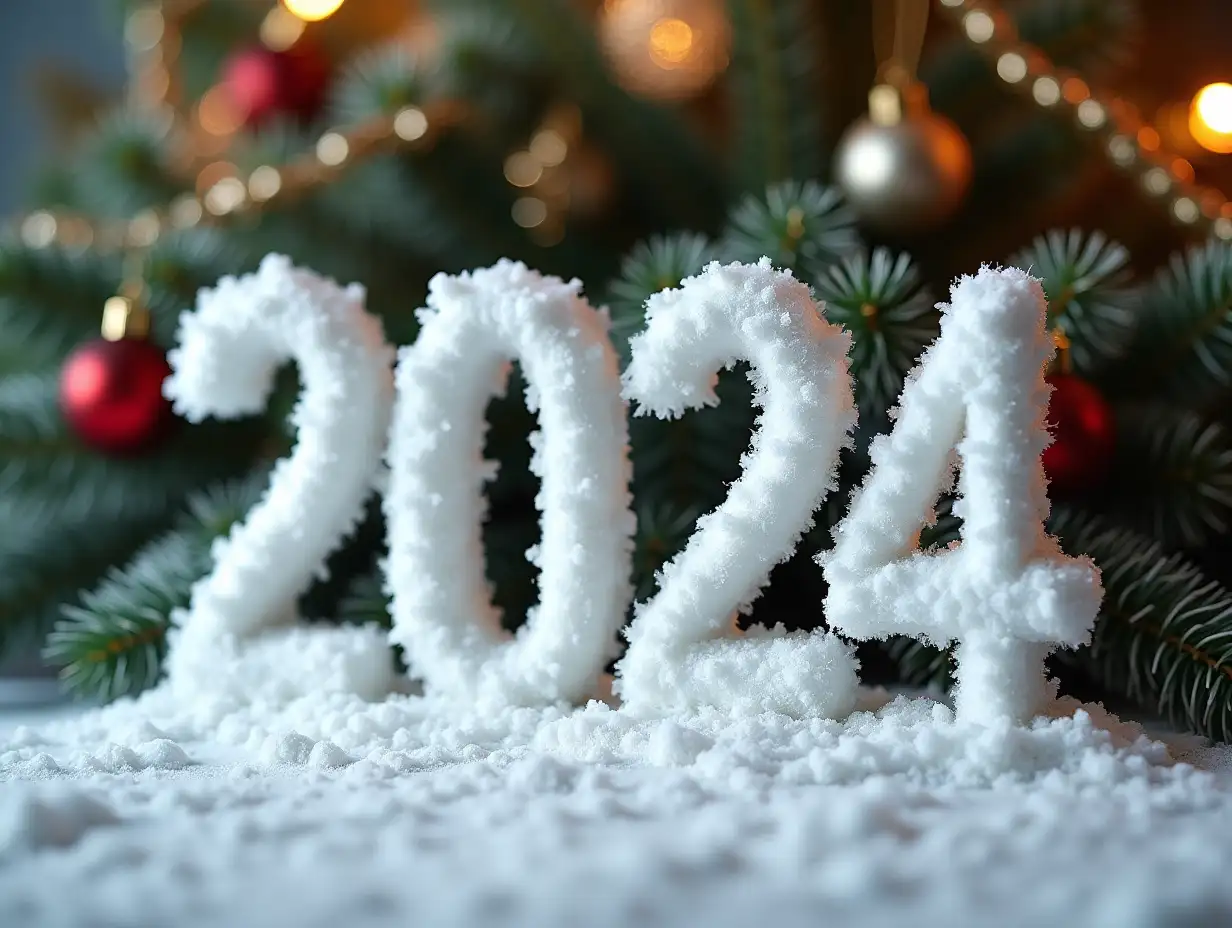 Realistic picture. Volumetric inscription ‘2024’ made of fluffy realistic snow. Background of spruce branches decorated with Christmas balls and garlands. The inscription in the centre of the canvas. background is blurred. The lighting is warm.