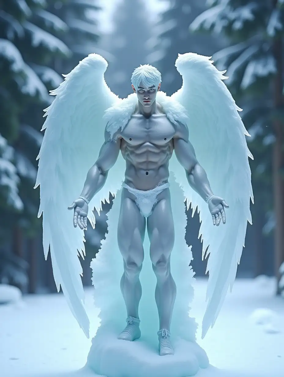 An ice statue of a handsome athletic male angel, 30 year-old, with bulging abs and pectorals, with outstretched big ice wings, bare chested with a ice cape over his shoulders, in a snowy fir forest, with unreal lighting. he scene is designed with stunning details like a realistic high-precision, high-definition, highly detailed photography.