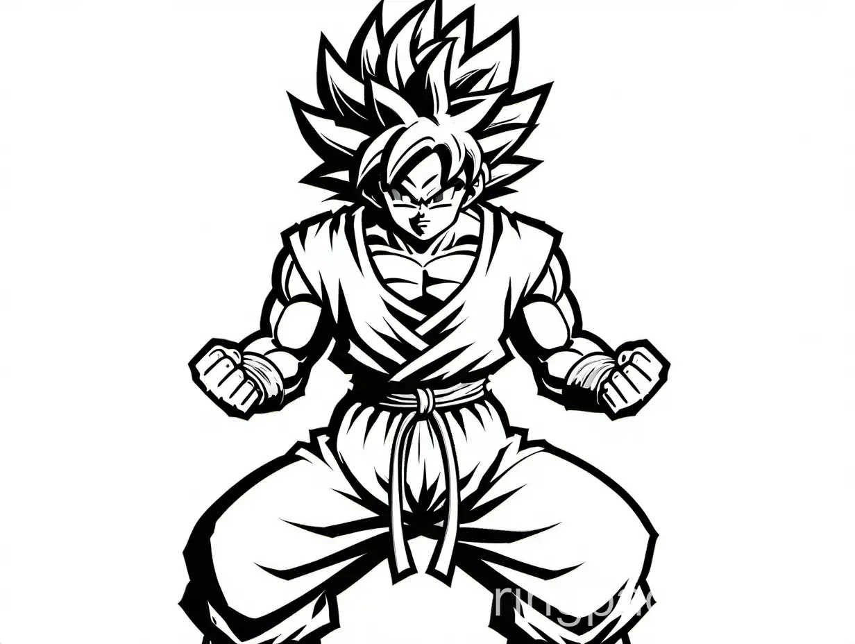 GOKU FIGHTER, Coloring Page, black and white, line art, white background, Simplicity, Ample White Space. The background of the coloring page is plain white to make it easy for young children to color within the lines. The outlines of all the subjects are easy to distinguish, making it simple for kids to color without too much difficulty