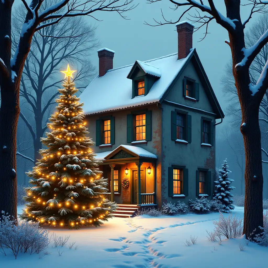 Trees with snow, Christmas tree with lights, old house, old windows, Christmas card