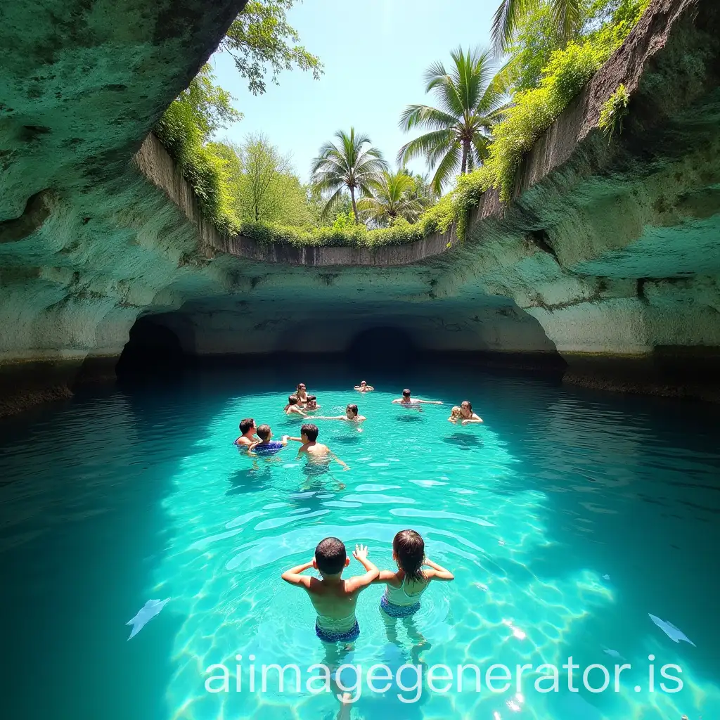 A peaceful scene at Cenote Azul near Playa del Carmen, Mexico. Shallow, crystal-clear water surrounded by natural limestone rocks and tropical greenery. Families and travelers relax and swim in the serene waters under a bright, sunny sky.