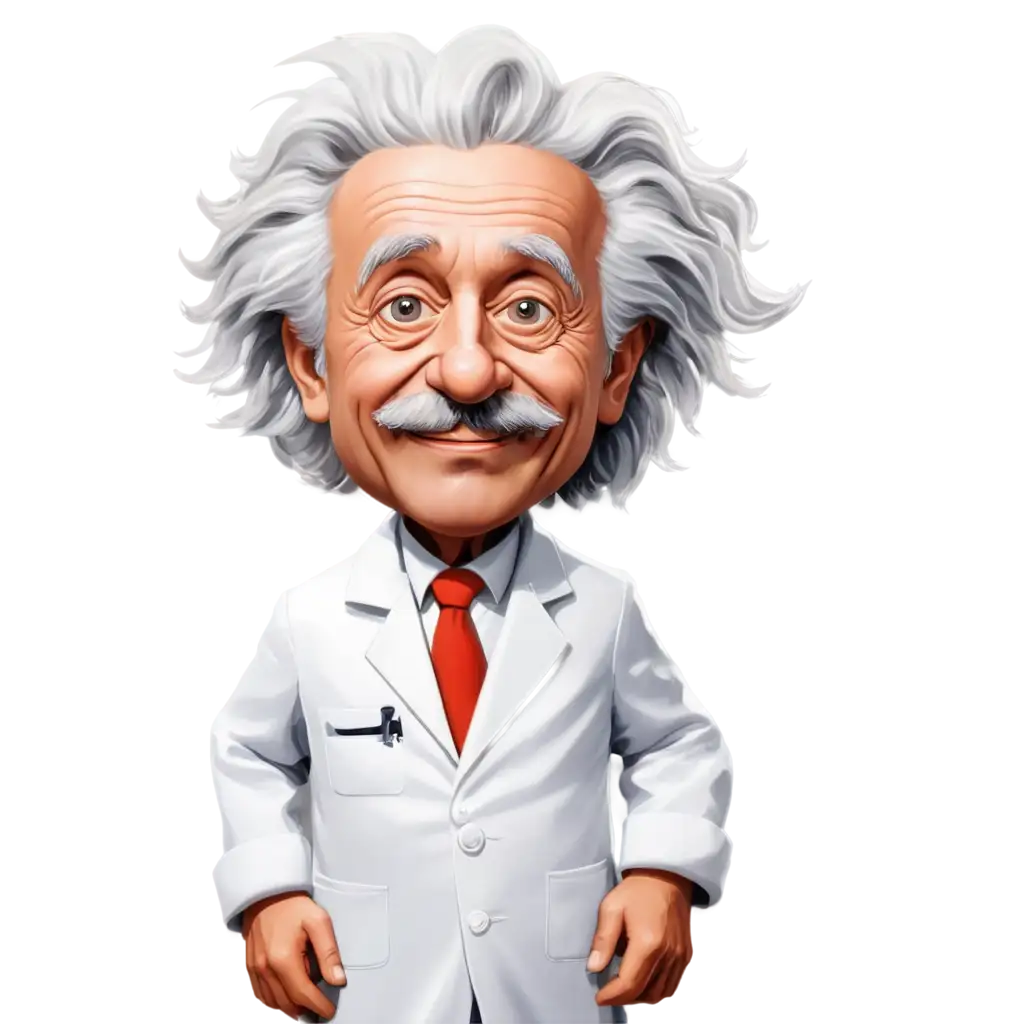 Albert-Einstein-Caricature-PNG-in-White-Lab-Coat-for-Creative-Use