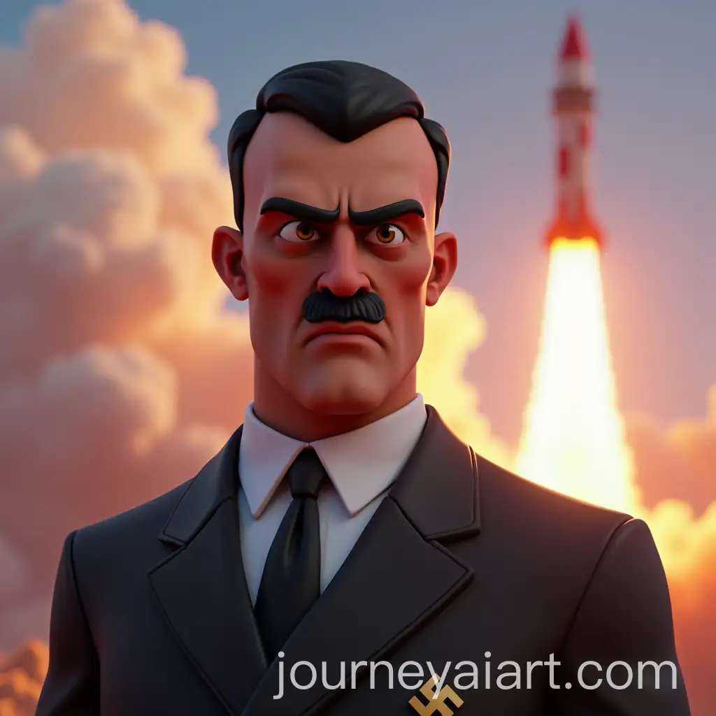 Futuristic-Cartoon-Character-in-Suit-with-Launching-Rocket