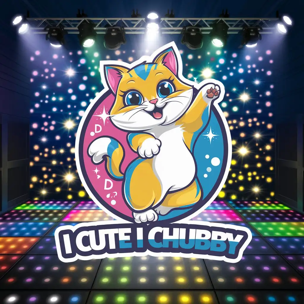 LOGO Design for i cute i chubby Adorable Blue Dancing Cat on a Colorful Dance Floor