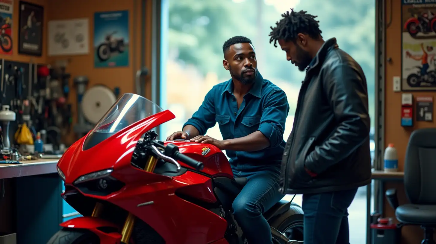 Young Black Man Repairing a Red Superbike in a Cinematic Garage