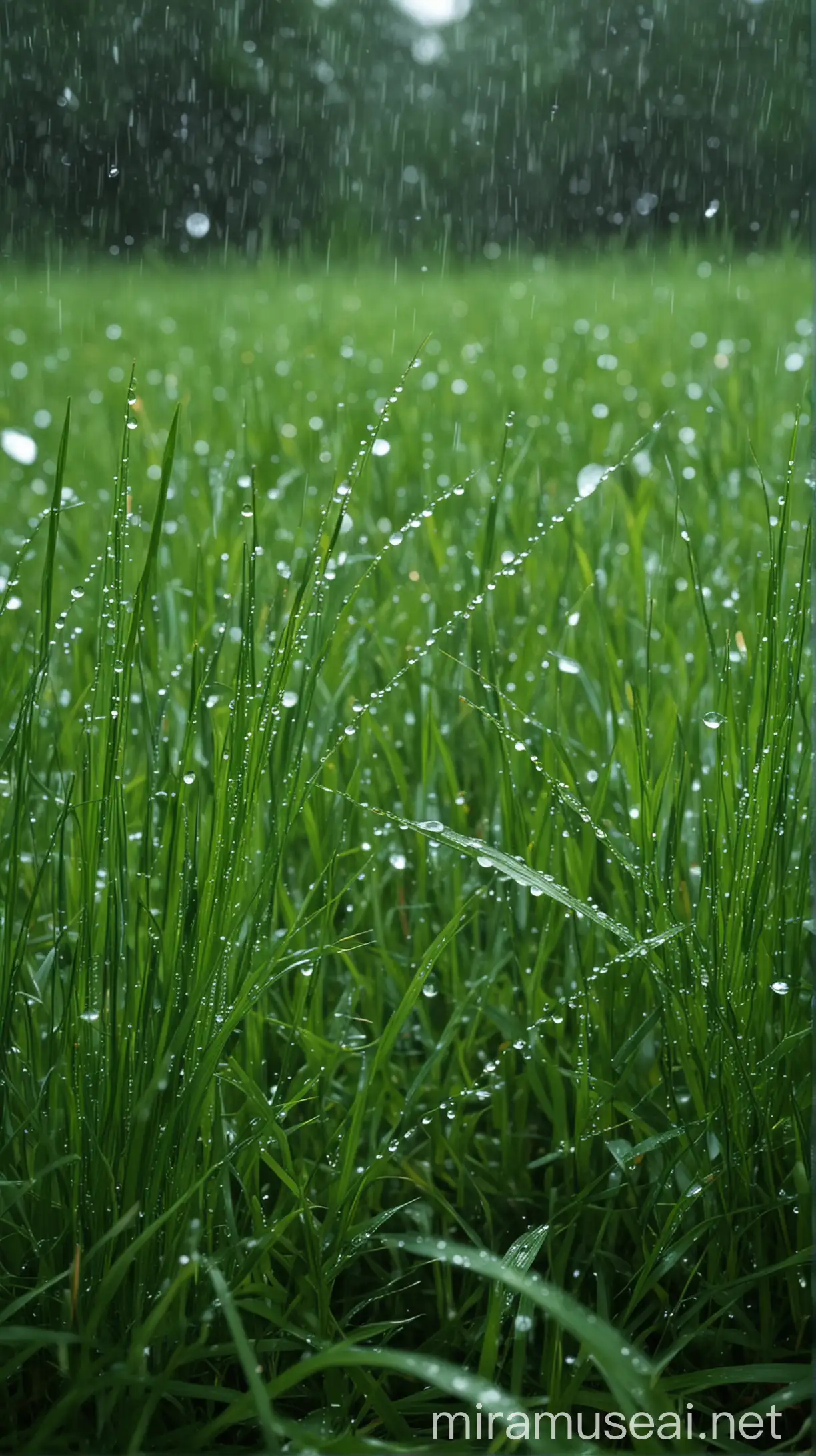 Refreshing Rain on Vibrant Green Grass Blades