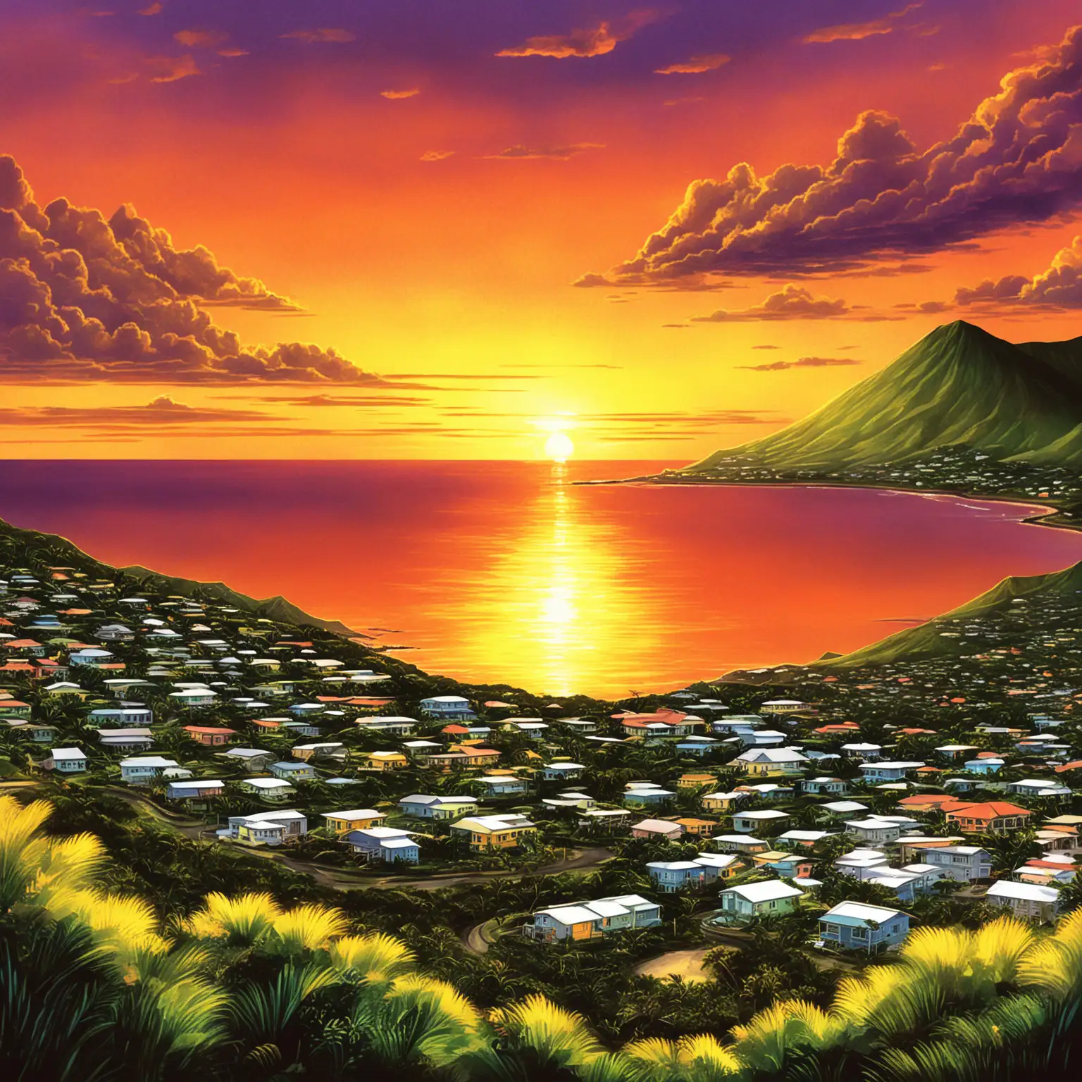 HoneyColored Sunset Over Saint Kitts and Nevis in CoBrA Art Style