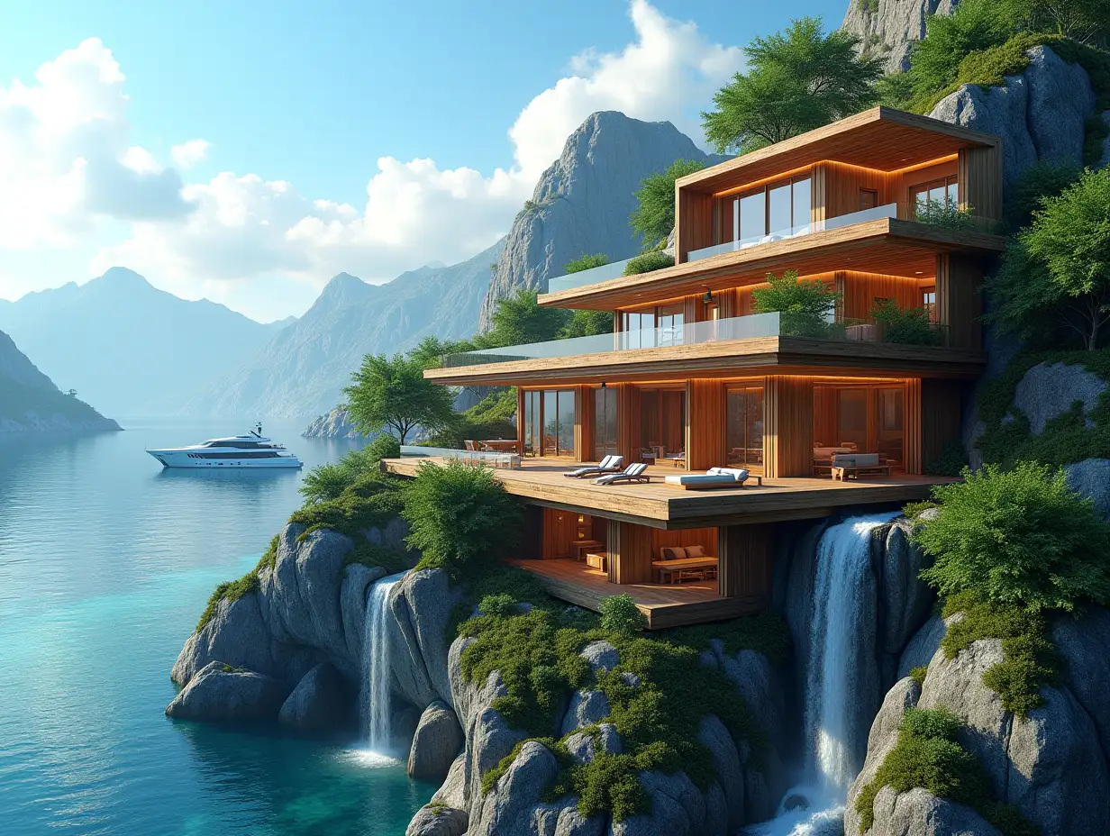 A futuristic multi-story house with many wooden lit glass squares and wood lies on the mountain peak,many plants waterfall,trees, blue sky, bright environment, mountains,clear water and a yacht in the background, colorful 8k quality