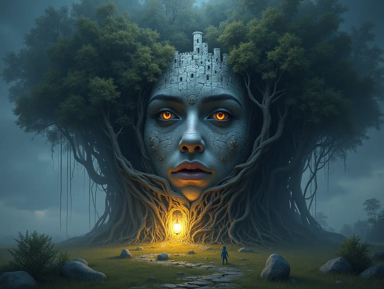 Creating a digital painting of a face with hair transforming into a building with silver stones and Illuminated trees with roots and lantern and strange creatures-aliens on a meadow