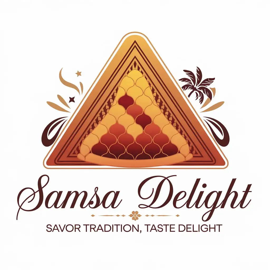 LOGO Design for Samsa Delight Golden Triangle Samsa Pastry with Tunisian Tile Patterns and Warm Luxury Colors