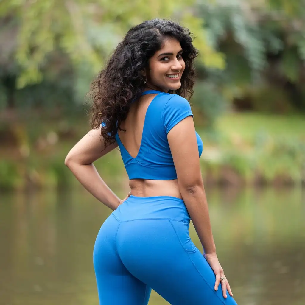 Smiling-Indian-Woman-in-Blue-Leggings-and-Top-Posing-Gracefully