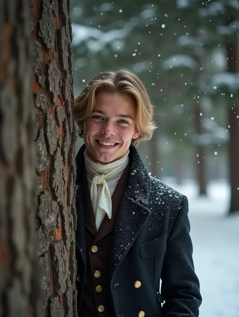 Winter, close-up portrait, a young handsome man prince with blond hair just below the shoulders, in rich Victorian clothes, smiling playfully, peeking out from behind the trunk of a huge pine tree, dynamic pose, a snow-covered Victorian park with dense fir trees, snowfall, luxury, falling snow, masterpiece, raw style