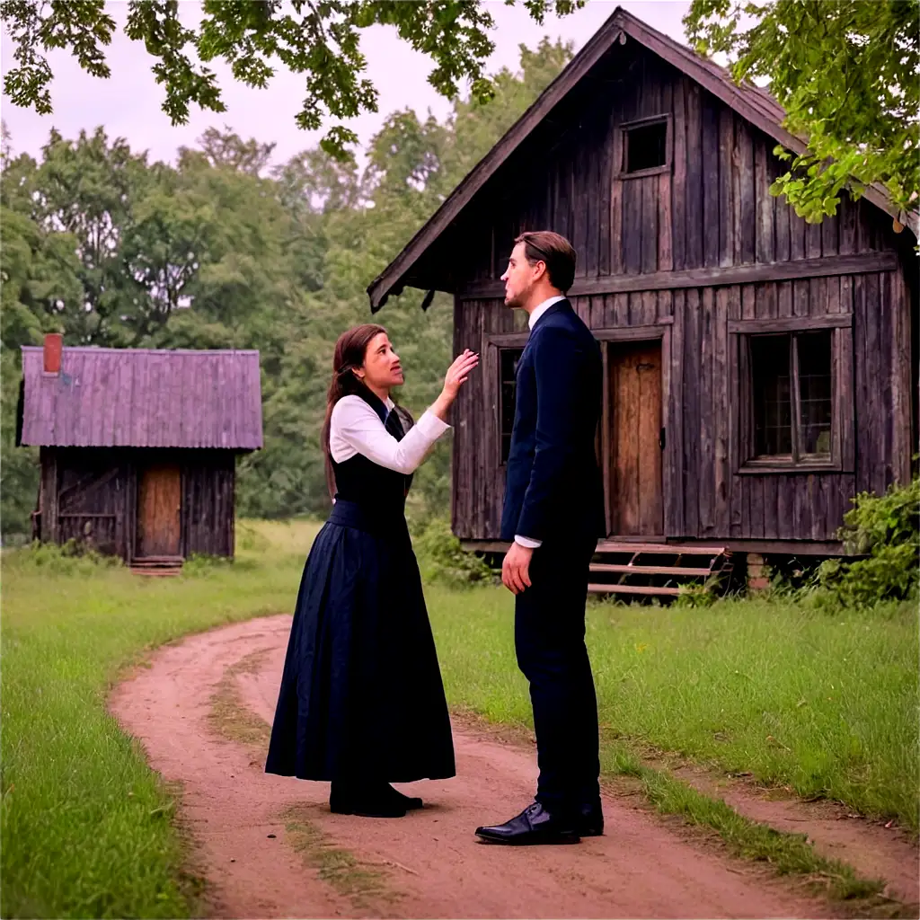 a man says goodbye to his wife to go far away for work. Two people wear simple dark clothes, both standing in front of an old wooden house surrounded by many green trees, with a background of the year 1700