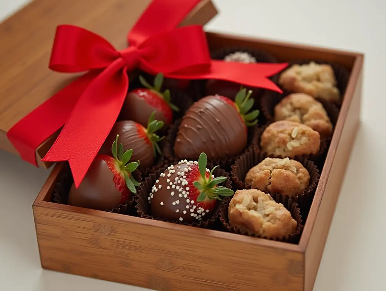 A wood box, filled with chocolate pastries and chocolate covered strawberries, with a beautiful red ribbon on top. Perfect gift to show great appreciation to a loved one.