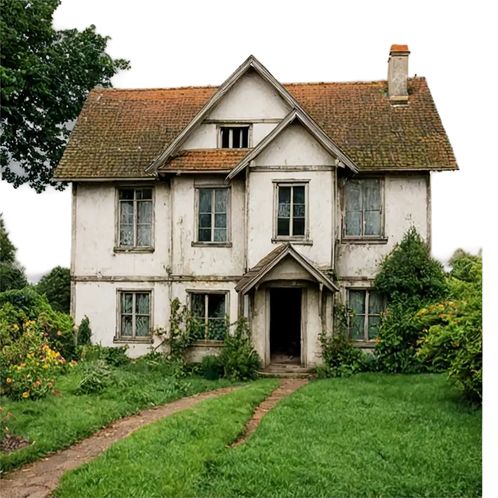 PNG-Image-of-an-Old-House-with-Broken-Windows-and-a-Beautiful-Garden