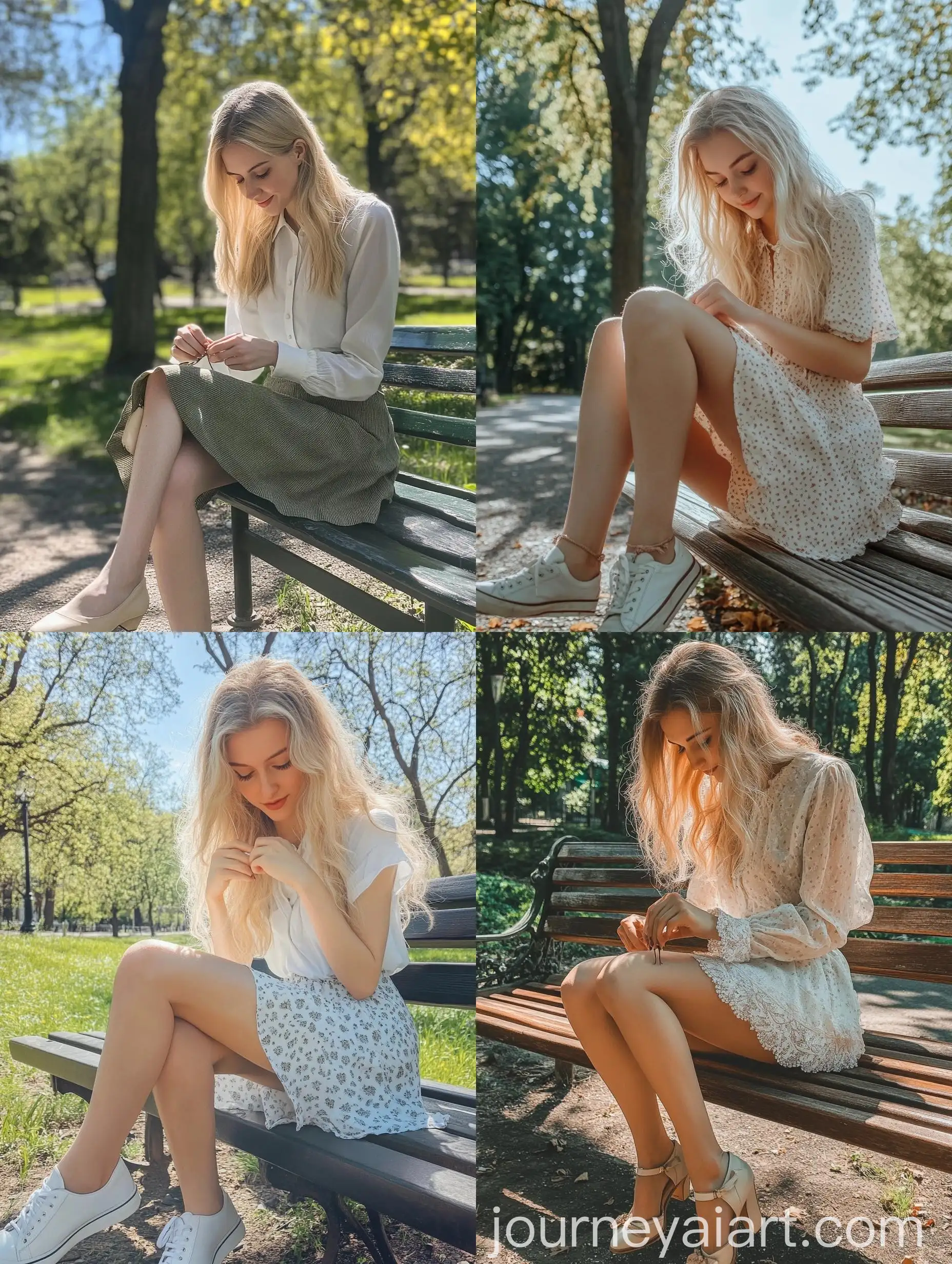 Young-Woman-Tying-Shoes-on-Park-Bench-in-Sunny-Daylight