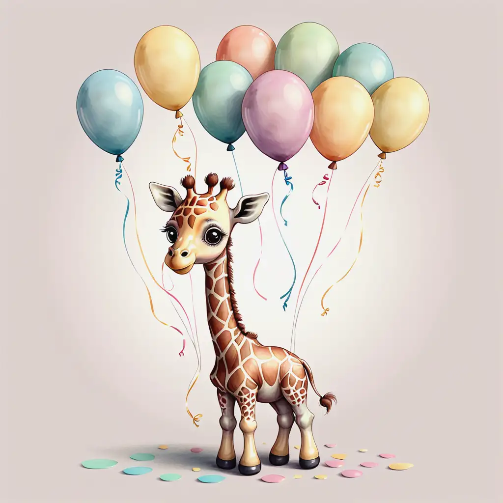 Adorable Baby Giraffe Surrounded by Pastel Balloons