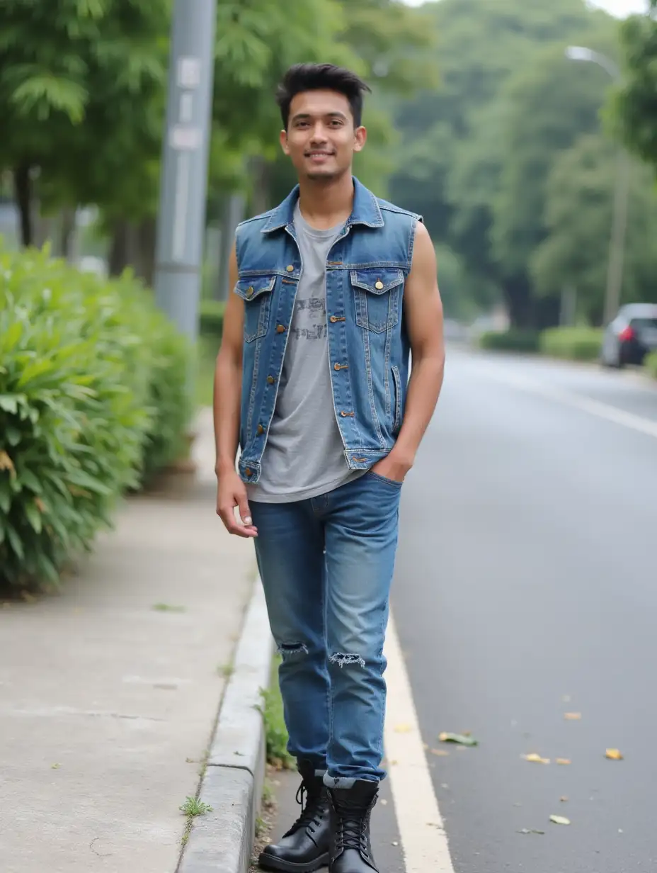 A young Indonesian man in a sleeveless t-shirt and jeans jacket, wearing jeans and black tactical boots, is standing next to a sidewalk curb