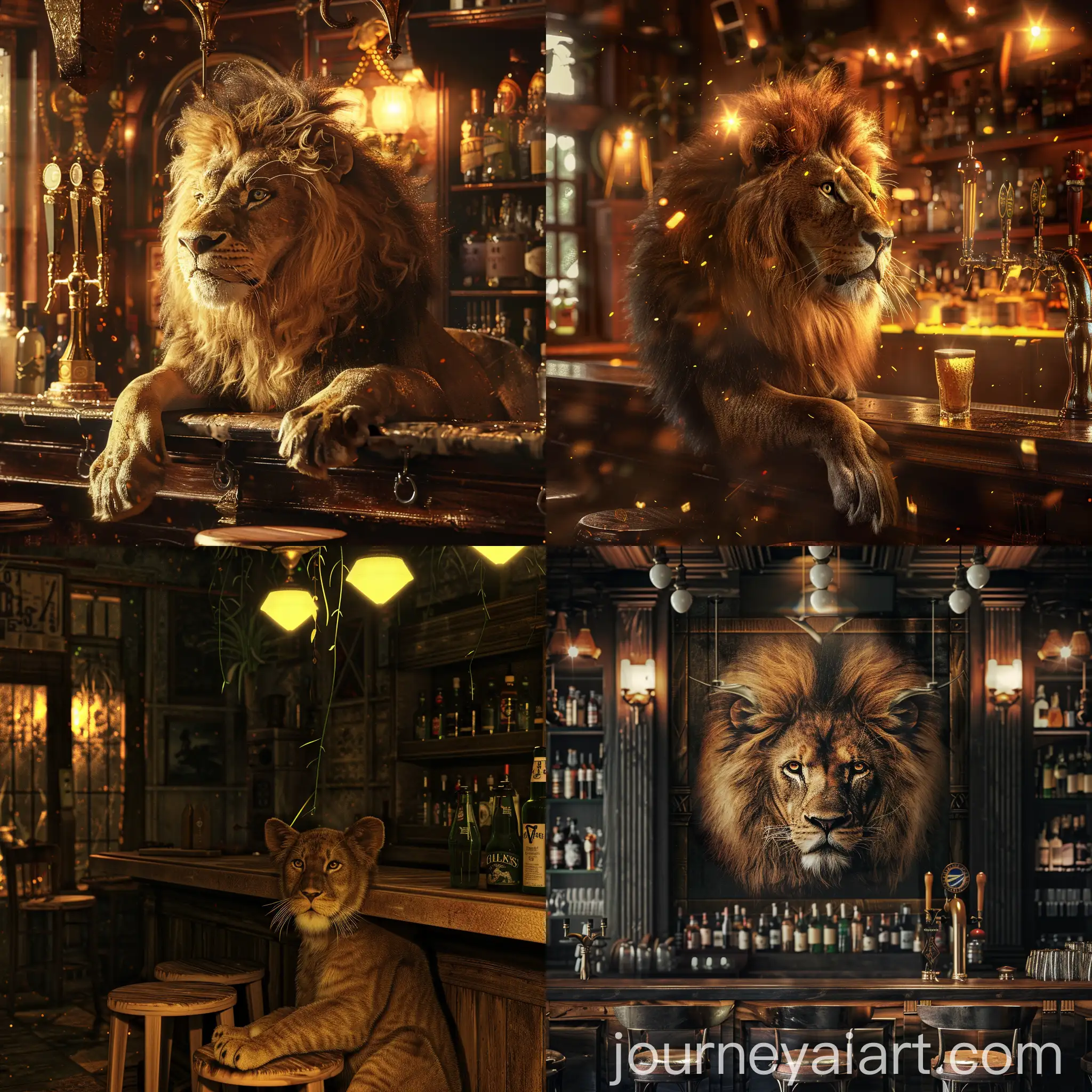 Closeup-of-a-Lion-in-a-Vintage-Irish-Pub-with-Wooden-Bar-Stools-and-Guinness-on-Tap