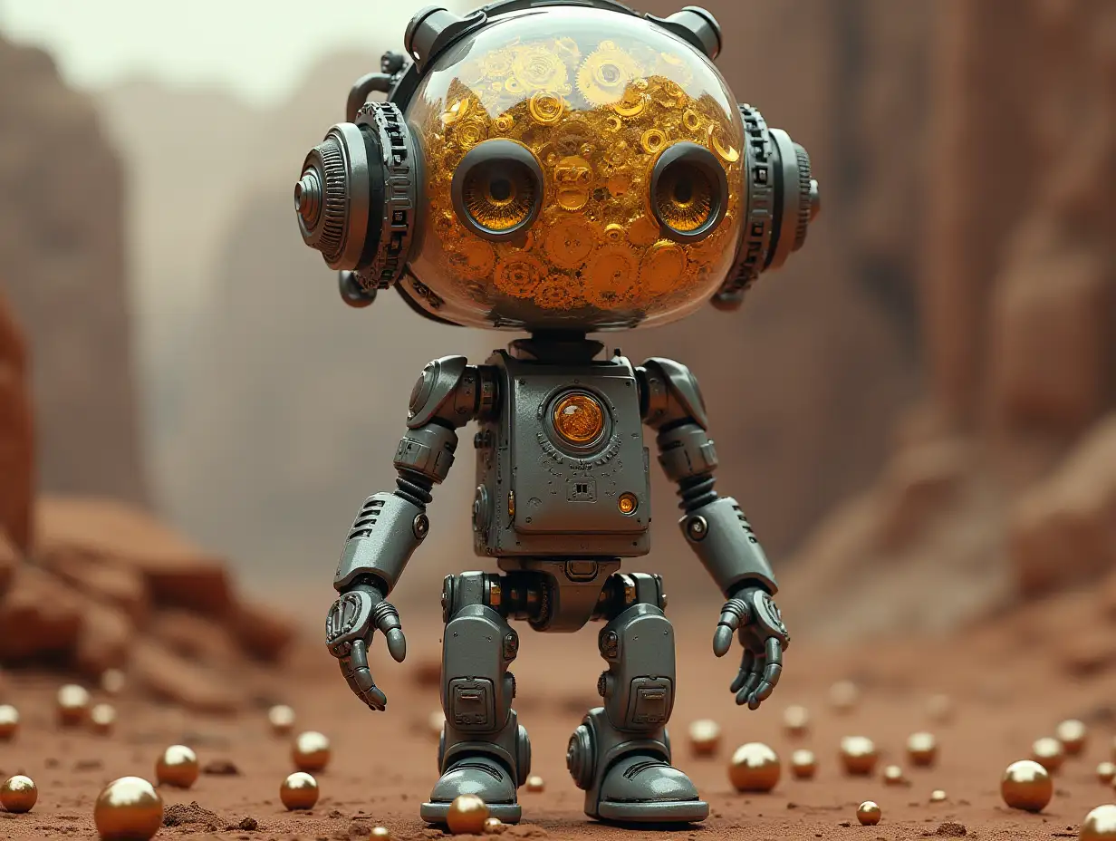 Create a high-resolution, realistic image of artificial intelligence Robert, three meters tall, with eyes, arms and legs, with gears on his cheeks and glass head with visible golden brain, screws with many glass balls on the floor, Mars 4k resolution with ...