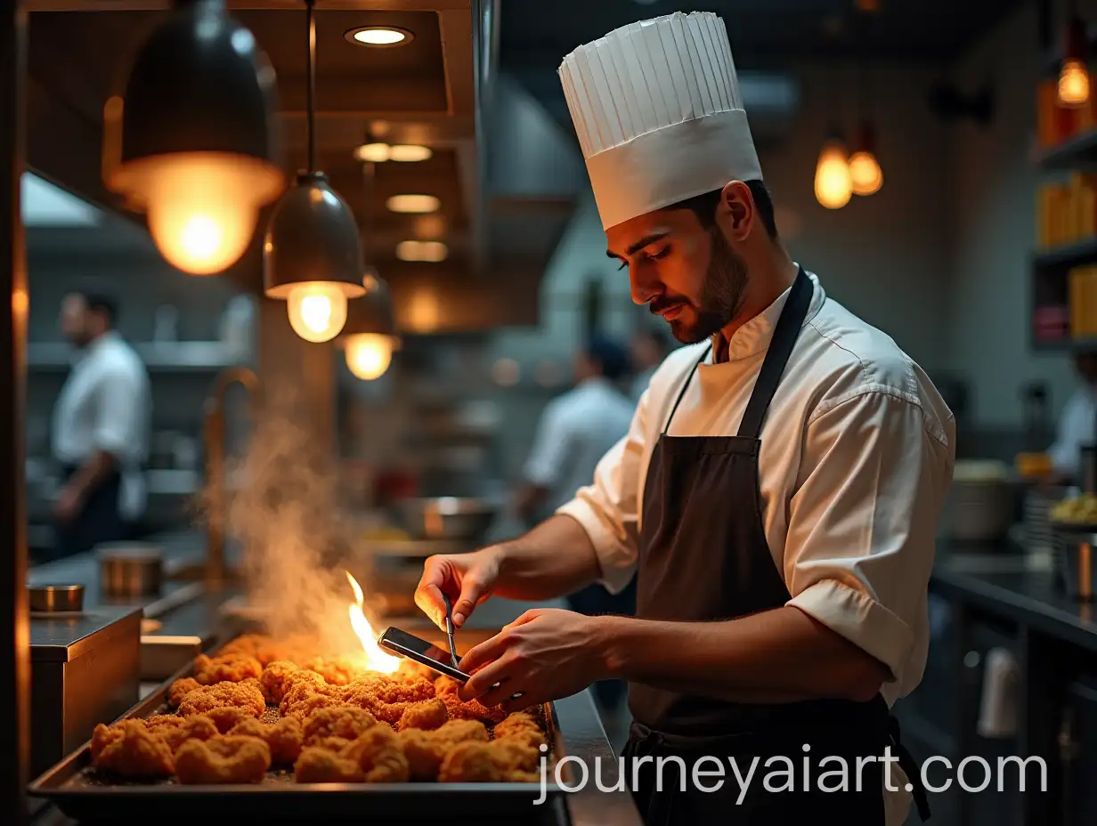 Chef-Using-Mobile-Phone-Near-French-Fry-Machine